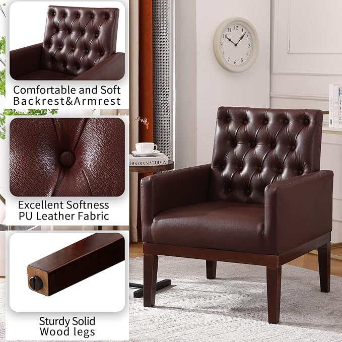 PU Leather Accent Chair Upholstered Lounge Sofa Armchair Comfortable Armchair with Wooden Legs in Log Color Modern Button Reading Chair for Bedroom Living Room Dark Brown