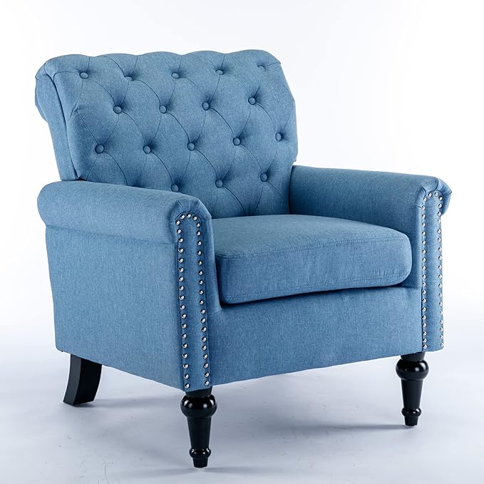 Upholstered Accent ChairsMid Century Armchair Sofa ChairsComfy Living Room ChairButton Tufted Reading Chair for Living Room BedroomStudy (1 Blue)