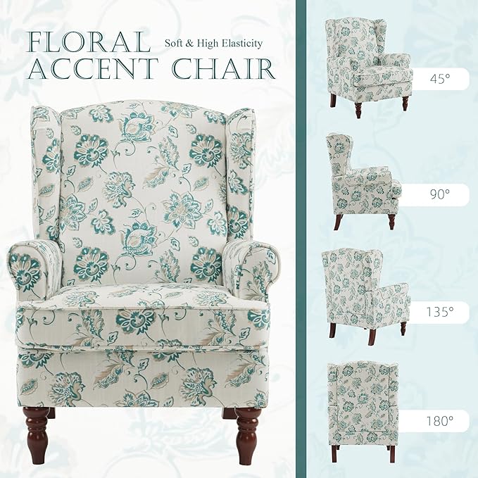 MELLCOM Floral Accent Chair High Back Upholstered Armchair with Solid Legs Leisure Single Sofa Chair for Living Room Bedroom Home Office Light Cyan Floral