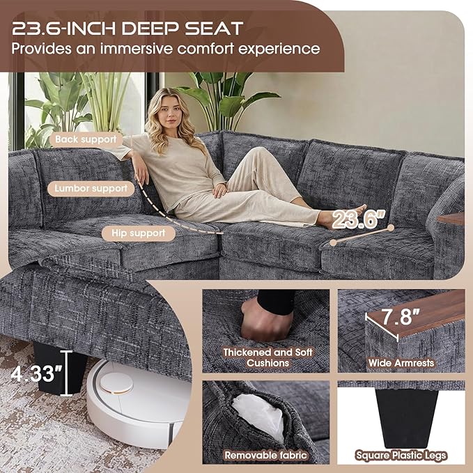 97 5 Seater L Shaped Couch Corner Sofa Oversized Cloud Couch with 2 Pillows Modular Sectional Sofa Armrests with Two Hidden Storage Space Sectional Couches for Living Room Gray Textured