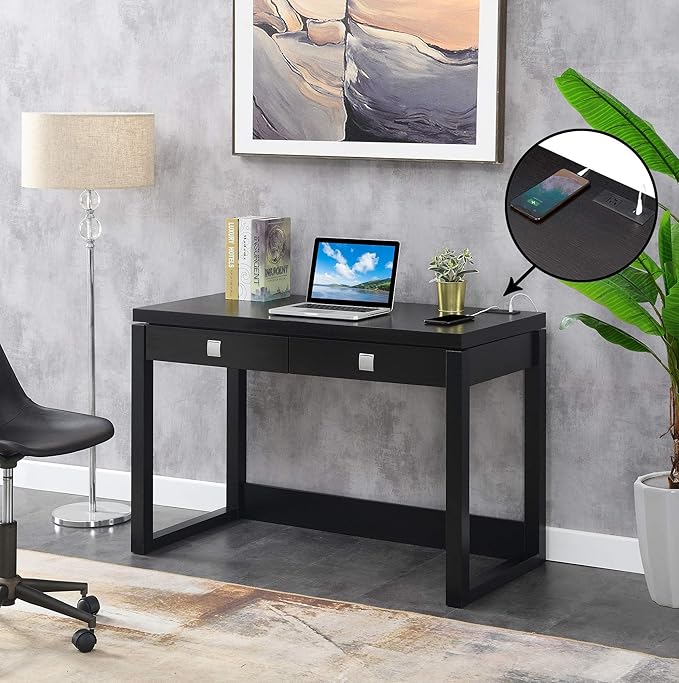 Pemberly Row Two-Drawer Desk with Charging Station Black Wood Finish 47.25 in x 23.25 in x 30.75 in Includes USB Ports and Outlet Concealed Storage Home Office Desk for Workspace Organization