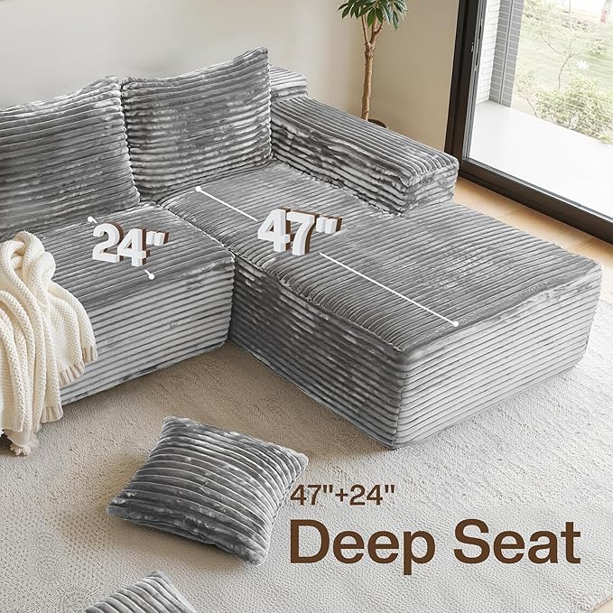 Modular Sectional Sofa Boneless Cloud Couch with Chaise Lounge 4-in-1 Flexible Combination Faux Rabbit Fur &amp Layered Cushion Deep Seat No Assembly (Light Grey Right Facing Chaise)