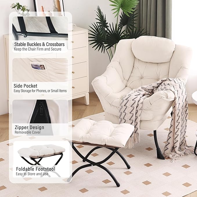 Lazy Chair with Ottoman Modern Chair with Folding Footrest Lounge Accent Chair Comfortable Reading Chair Oversized Armchairs for Bedroom Study Living Room Courtyard (Beige)