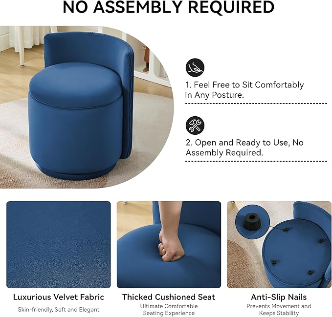 Velvet Vanity Chair with Storage 360° Swivel Makeup Chair with Wave Back No Assembly Small Accent Stool for Bedroom Dressing Living Room Blue