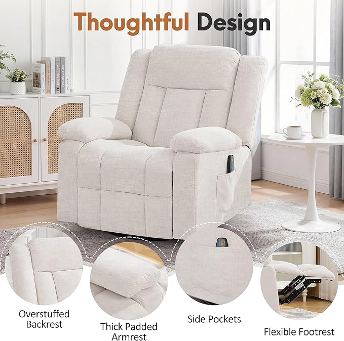 Rocker Recliner Chair for Adults 360° Swivel Rocker Recliner with Massage and Heating Nursery Rocking Chairs with Side Pockets Manual Reclining Chair for Living Room Bedroom or Nursery