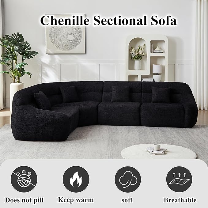 123 Oversized Boneless Chenille Curved Corner Sectional Sofa Modern Luxury 4 Pillows Modular Cloud 4-Seater Sofa High-Back Couch for Living Room (Black)