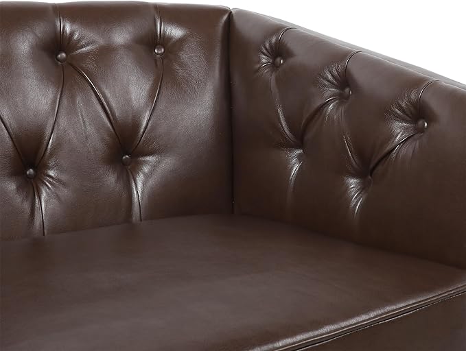 Dark Brown Loveseat Sofa PU Leather Tub Chair with Button-Tufted Stitch Contemporary Two-Seater Couch with Birch Wood Legs for Living Room