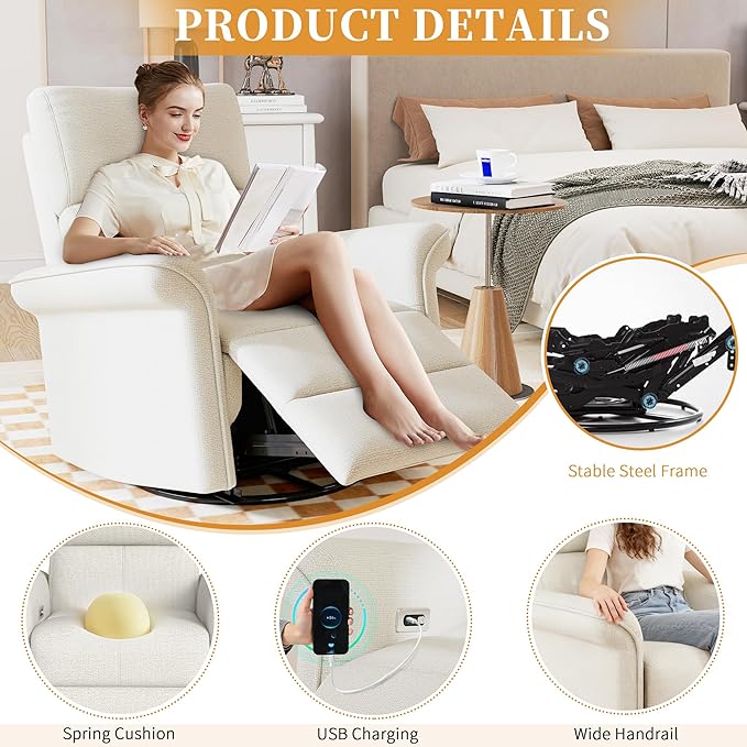 Power Swivel Rocker Recliner Chair for Nursery Upholstered Snowflake Velvet 270°Swivel Glider Rocker Chair with USB Ports Small Power Recliners for Small Spaces Living Room