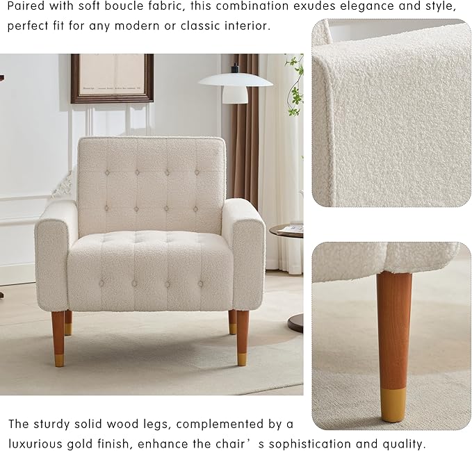 JOSHEN 33 Modern Accent ChairComfy Boucle Living Room Chairs with Solid Wood FrameLounge Reading ArmchairBeige