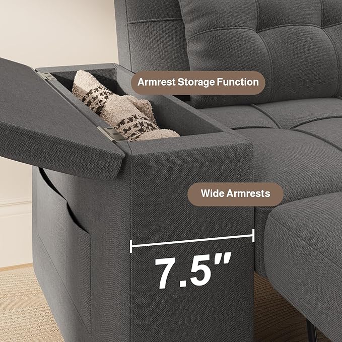 Ahomly 87 Convertible Sleeper Sofa Bed with Pull-Out Design Adjustable Backrest Wide Armrests with Storage Comfortable Pillows – Perfect for Small Spaces (Dark Grey)