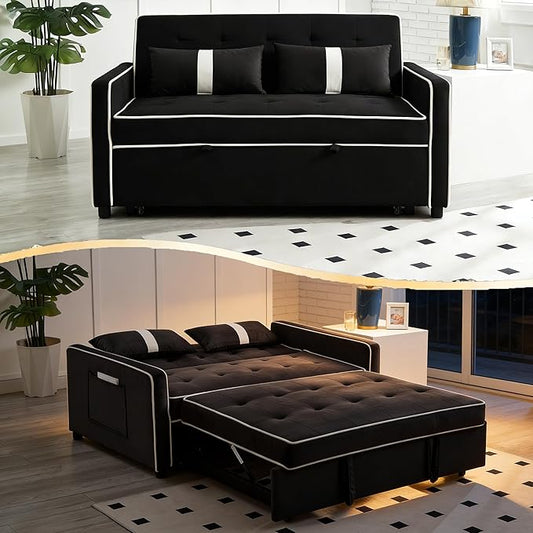 Convertible Velvet Sofa Bed with Pull-Out Bed &amp Side Storage Pockets Modern Sleeper Sofa for Living Room Apartment Small Spaces and Bedroom (7705-Black)