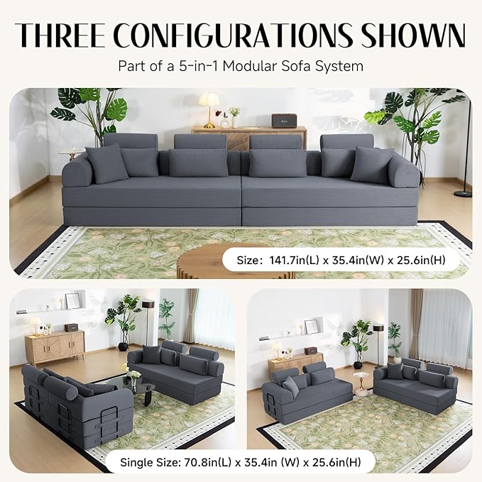 106 L-Shaped Modular Boneless Couch 2-Piece System (2×70.87) Convertible Sectional to 141.7 Straight Sofa Corduroy Couch in a Box Headrest &amp Back Pillows for Living Room Dark Blue