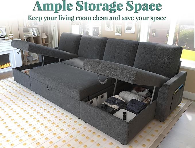 PaPaJet 110 Inch Sleeper Sofa Oversized Pull Out Couch with Double Storage ChaiseU Shape Couches for Living Room Gray