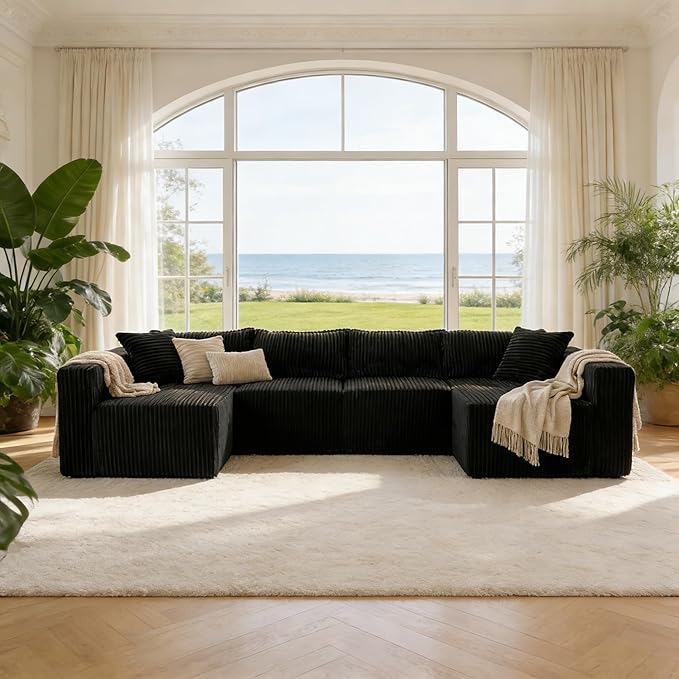 Claiks 128 Modular U Shaped Sectional Couch Deep Seat Bonless Couches for Living Room Modern Couch with 6 Pillows No Assembly Required Black
