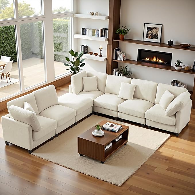 121'' 7-Seater Modular Sectional Upholstered Couches Chenille Cloud Couch with Movable OttomanL/U-Shape Modern Sofa for Living RoomBeige