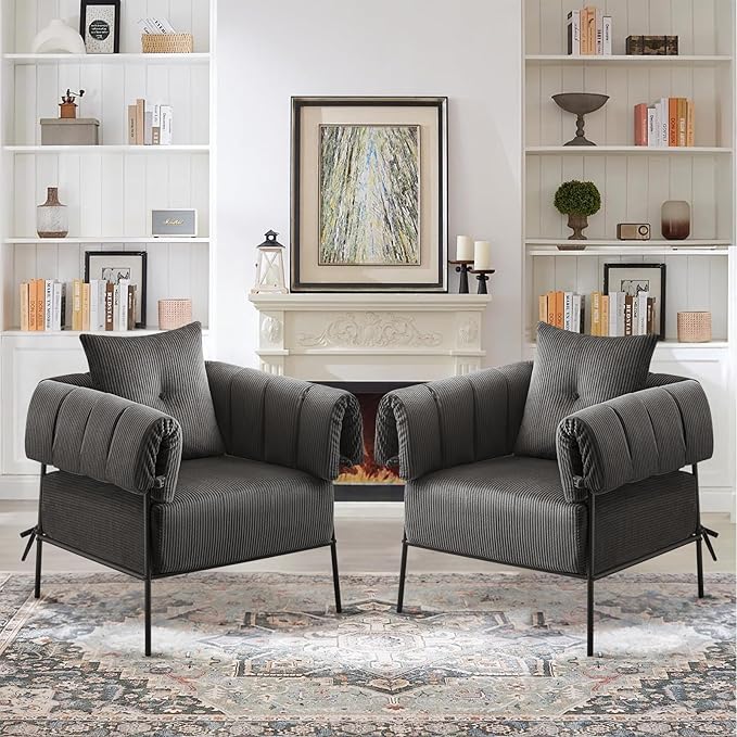 Furnilving Comfy Bedroom Chairs Set of 2 Reading Chair for Living Room Large Modern Accent Chairs with Pillow Metal Frame Chairs Upholstered Bedroom Armchair Side Chair Soft Cushion Corduroy Grey