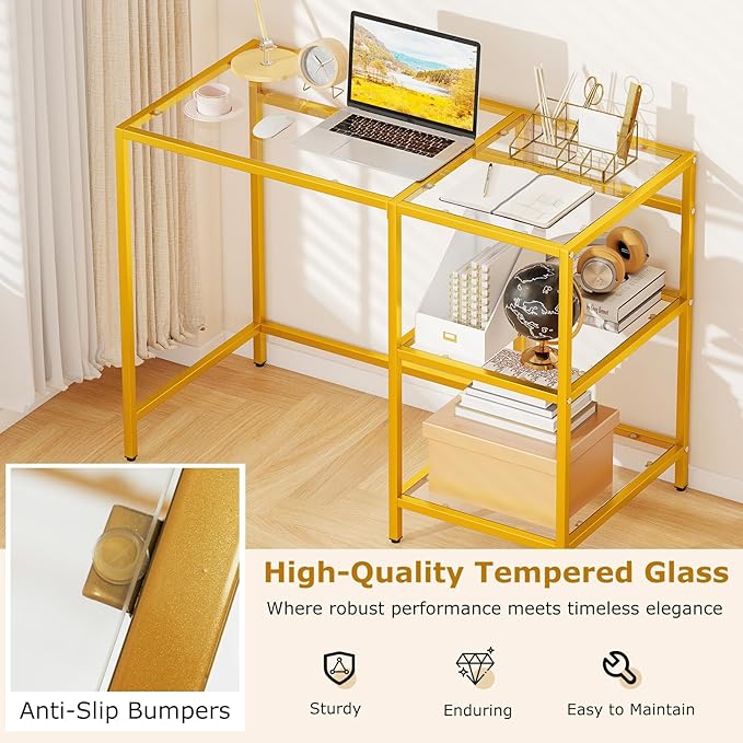 GOFLAME Computer Desk with Shelves 42” Home Office Desk with Metal Frame Tempered Glass Study Writing Table Modern Simple PC Desk for Living Room Bedroom (Golden)