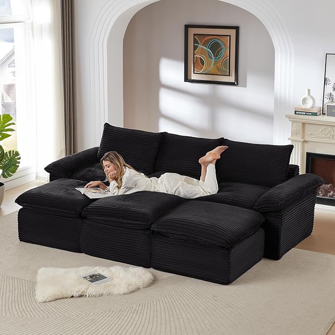 Modular 2-in-1 Sofa Bed &amp Ottoman Set - Corduroy Boneless Cloud-Like Living Room (Black Sofa Bed-3 Seaters+3 Ottomans)