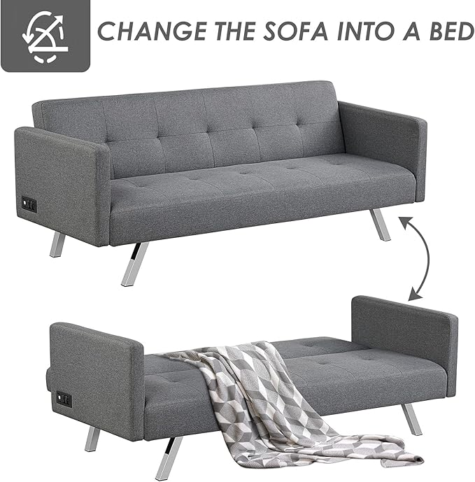 Giantex Convertible Futon Sofa Modern 3 Seat Sofa Bed with USB and Power Strip Folding Loveseat Linen Fabric Lounge Couch for Apartment Dorm Easy Assembly (Grey)
