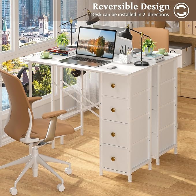 Small White Desk with Drawers for Bedroom 35.4 Inch Kids Girls Teens Student Writing Desk with Storage Reversible Study Table White Computer Desk for Home Office Makeup Vanity Desk for Small Space
