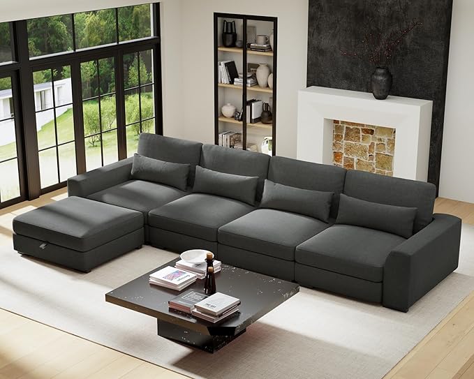 130Sectional Couches for Living Room - Large Modular 5 Seat Sectional Couch-Velvet Linen with Storage Deep Seat Sofa-Convertible Sofa for Large Living Rooms-with ChaiseWashable Covers-Dark Gray