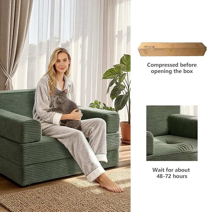 Folding Sofa BedConvertible Sofa Bed with Armrest Foldable Sleeper Chair Portable Folding 4-in-1 Floor Sofa with Convertible Lounge Chair for Living RoomBedroomWashable CoverGreen Single