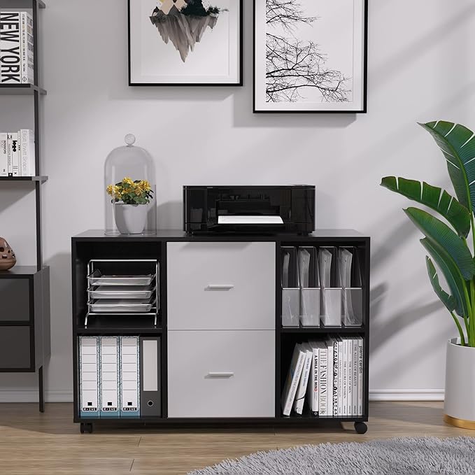 Mobile Wood Filing Cabinet with 2 Drawers and 4 Open Storage cabinets and Wheels for Home Office Black Oak Light Grey