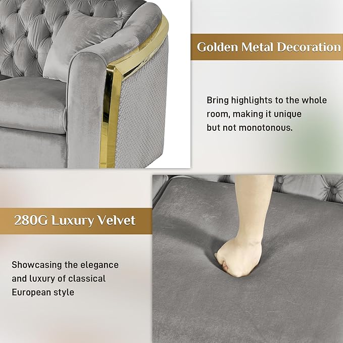 Luxury Velvet Chesterfield Sofa for Living Room 62.2 Comfy Mid Century Modern Victorian Curved Loveseat Couch Deep Seat Couches Tufted Sofas with Gold Legs for Apartment Grey