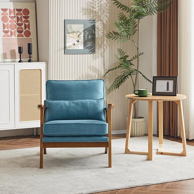 Karl home Accent Chair Wide Armrest Mid-Century Lounge Chair Linen Fabric Armchair with Lumbar Pillow &amp Solid Wood Frame for Living Room Bedroom Balcony Cyan-Blue