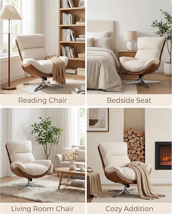 LukeAlon Linen Swivel Lounge Chair Upholstered High Back Accent Chair with Metal Base Armelss Comfy Modern Recliner Chair for Living Room Office Beige