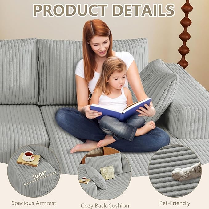 96 Cloud Sectional Couch with L-Shaped Chaise Modern Corduroy Sectionals Couches with Deep Seat Boneless Sofa 3 Seater for Living Room No Assembly Required (Light Grey Right Facing Chaise)
