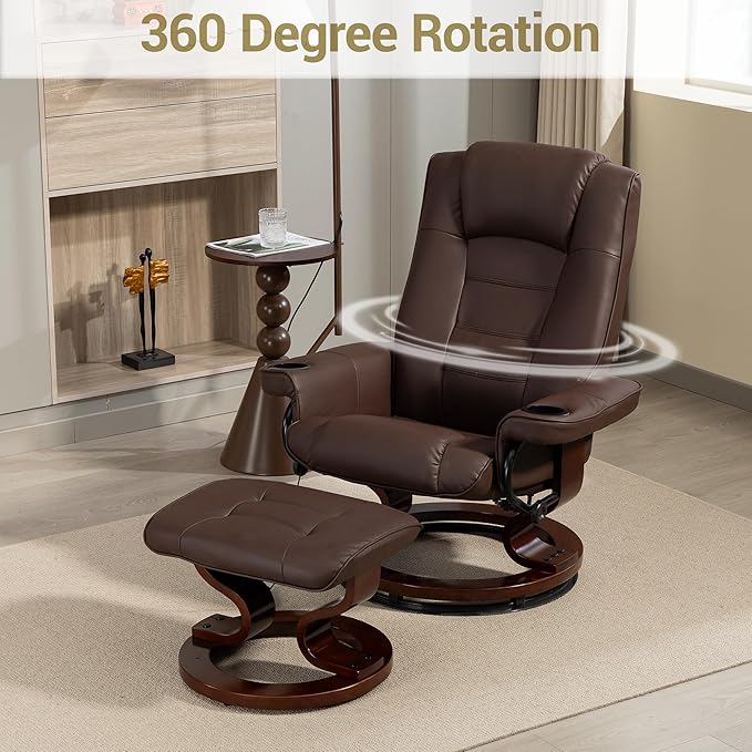 8-Point Massage Recliner with Heated PU Leather &amp Ottoman Sturdy Solid Wood Base Lounge Chair for Living Room and Bedroom Brown