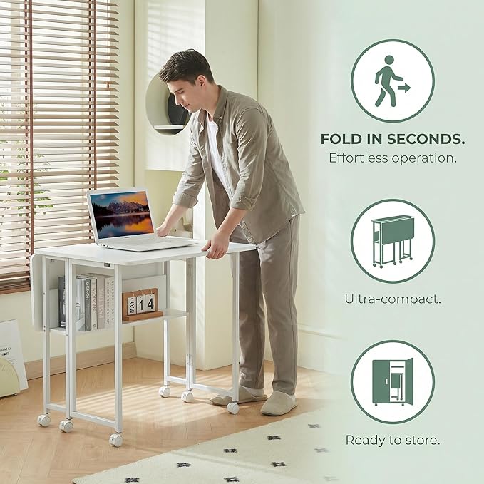 Mobile Small Rolling Computer Desk Folding Laptop Cart Table with Wheels Portable Foldable Desk for Small Spaces Compact Rolling Office for Couch Bed Study Home (White31.5L × 22.9W × 29.53H)