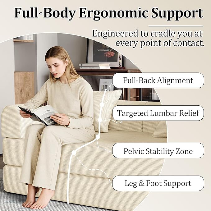 59'' Convertible Compressed Corduroy Folding Cloud Sofa Bed Modern Boneless Pull Out Loveseat Sleeper in a Box 4 in 1 Floor Mattress Futon Cloud Couch No Assembly Needed Beige 2 Pillows Queen