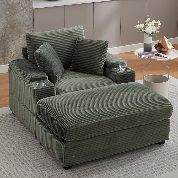 50 Oversized Chaise Lounge Chair Indoor with Ottoman and Storage Deep Seat Upholstered reading Chair Comfy Corduroy Sleeper Chair with Cup Holder Reclining Chair for Living Room Bedroom Green
