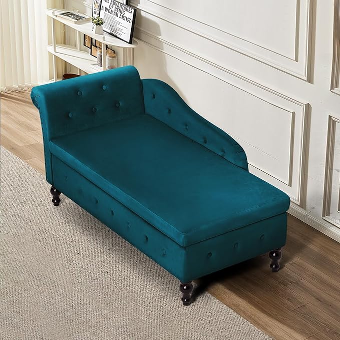 Upholstered Chaise Lounge with Left Armrest &amp Lumbar PillowButton Tufted Lounge Sofa with StorageLounge Chair IndoorModern Velvet Lounge Chair for Bedroom Living Room and OfficeTeal