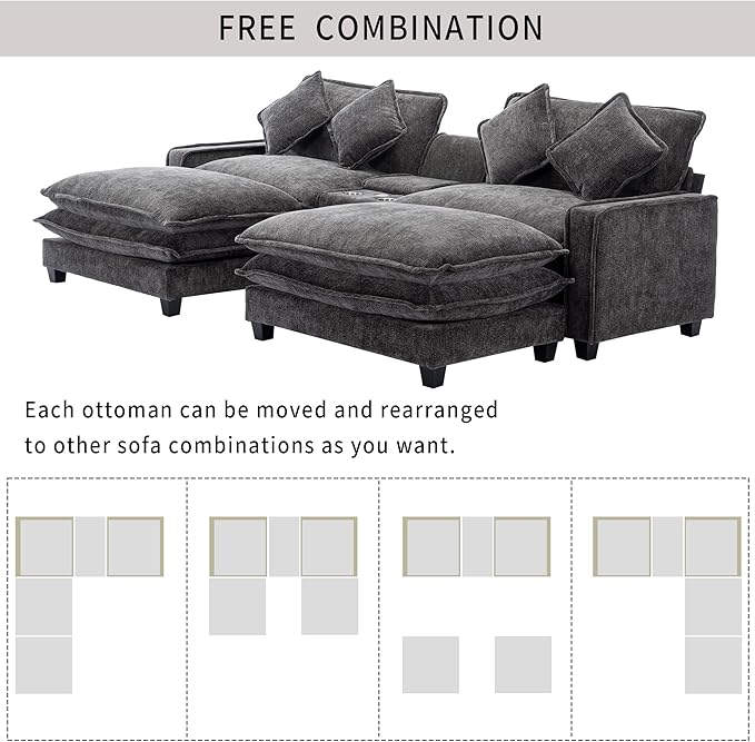 Sectional Sofa Chenille Upholstered with 2 Removable Ottoman 2 USB Ports 2 Cup Holders Large Storage Box for Living Room