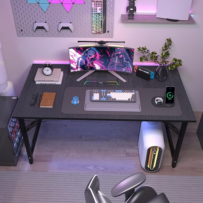 StarGraph Home Office Desks 47 Inch Large Office Desk with Sturdy Metal Frame Modern Computer Desk Gaming Study Writing Work from Home Desks Black
