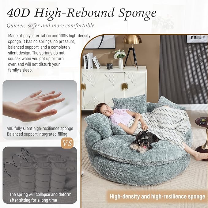 54 Oversized Round Chair Couch Lounge Chaise Indoor Comfy Boneless Sofa for Living Room Cloud Large Circle Couch Chair with 5 Pillows Fluffy Modern Sleeper Sofa Bed for Reading (Blue Gray)