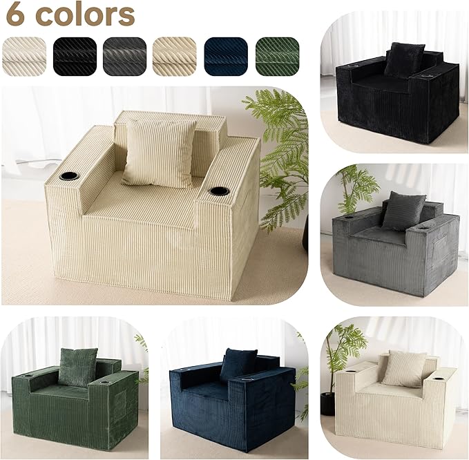 Cloud Single SofaChaise Lounge Chair with Cup Holder &amp Side PocketElevated Seat HeightNo Assembly RequiredBoneless Corduroy Chair for Small SpaceBedroomOffice (Khaki Single Sofa)