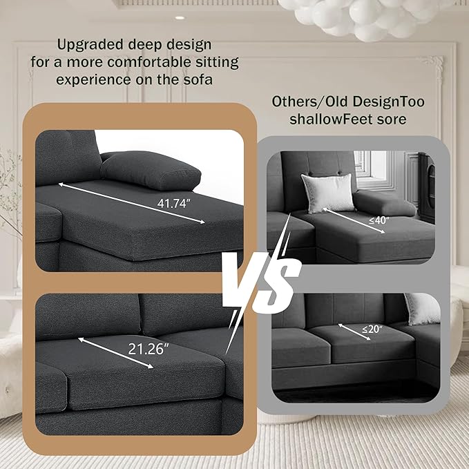 111 Sectional Couch for Living Room Modern Polyester Fibre U Shaped Sofa Couches with Double Chaise Upholstered 4 Seater Sofa for Living Room Apartment Office Dark Grey