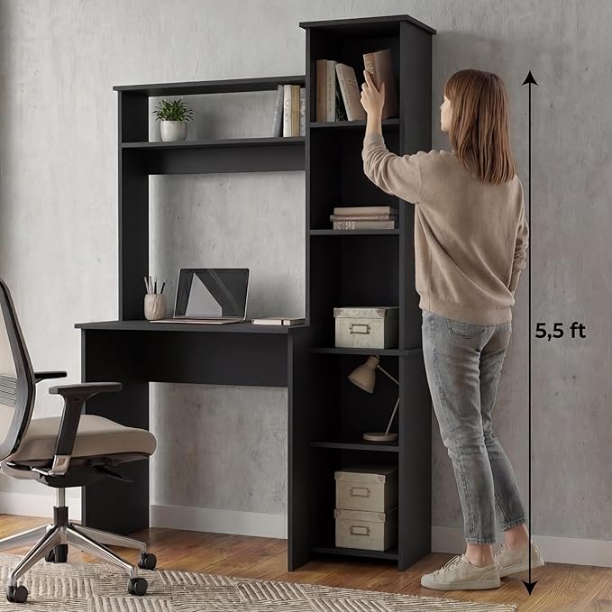 Tuhome Versalles Writing Desk with Two Superior Shelves Five Side Open Storage Compartments Space-Saving Modern Workstation Design for Studios and Offices Ideal for Organization Books