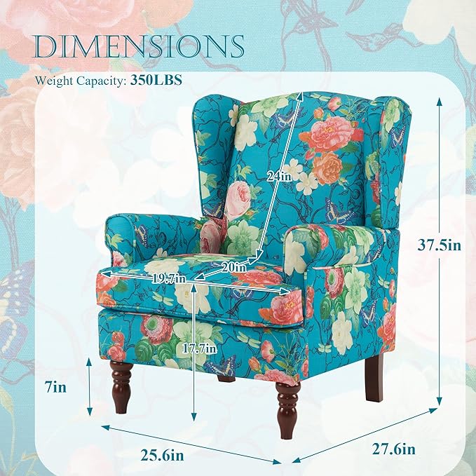 MELLCOM Floral Accent Chair High Back Upholstered Armchair with Solid Legs Leisure Single Sofa Chair for Living Room Bedroom Home Office Teal Floral