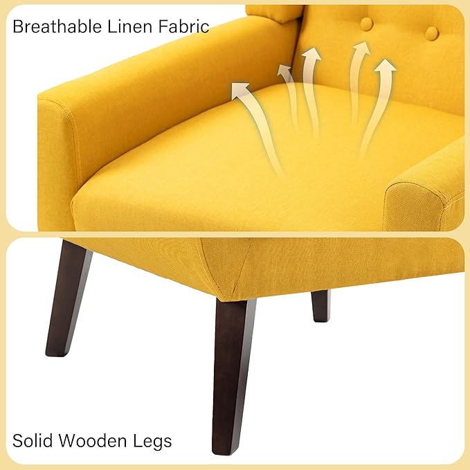 Accent Chair Mid-Century Modern Fabric Chairs with Arms for Living Room Comfy Upholstered Club Single Sofa Armchair for Bedroom Waiting Room with Solid Wood Frame (Fabric Yellow Set of 2)