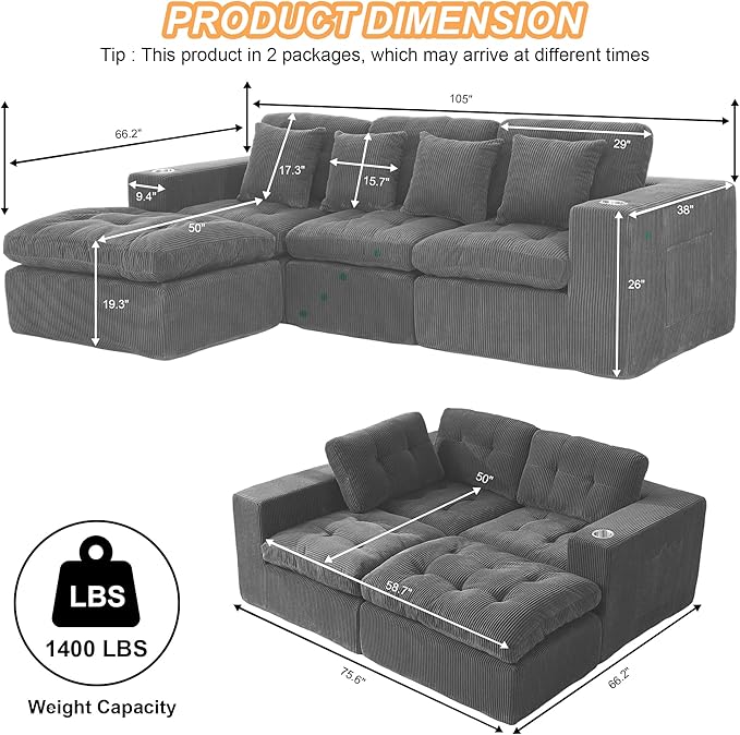 Modular Sectional Sofa 108 Cloud Sectional Couch with Deep Seat 3 Seat Modular Sofa Memory Foam Upholstered Boneless Couches for Living Room Bedroom No Assembly Required Grey