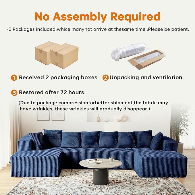 Cloud U-Shaped Sectional Couch130 Modular Boneless Couch for Living RoomModern 4 Seat Corduroy Sofa with ChaiseDeep SeatNo Assembly Required (Blue)