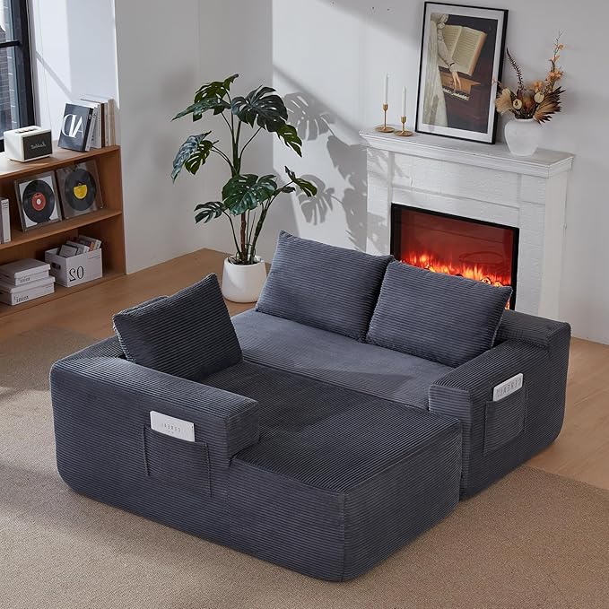 Sectional Couch with L-Shape Chaise 96 Modular Sectional Sofa with Deep Seat Modern Corduroy Couch Lazy Compression Sofa for Living Room No Assembly Required Left Facing Chaise Blue&ampGrey