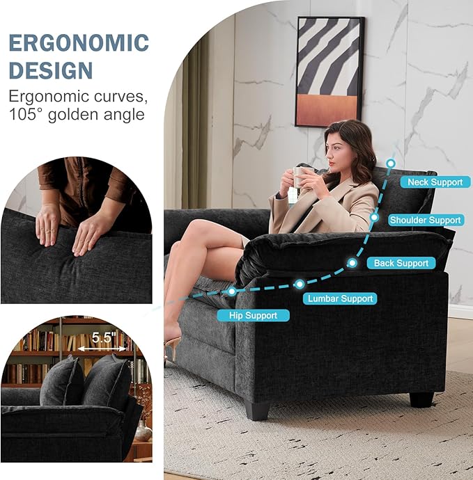 CDCASA Oversized Accent Chair Chenille Comfy Cloud Sofa Chair with Large Seat and Upholstered Armrests Modern Extra Wide Armchair Reading Chairs for Bedroom Living RoomSet of 2Black