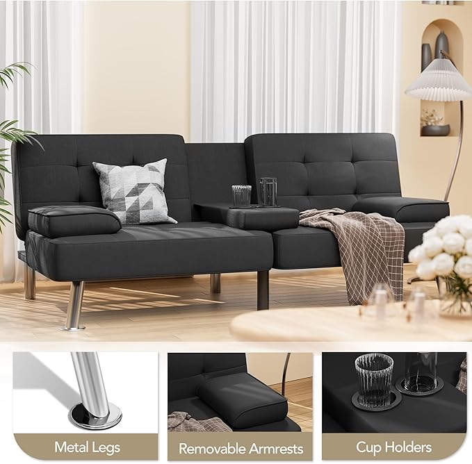Shahoo Modern Linen Upholstered Convertible Folding Futon Sofa Bed with Removable Armrests Metal Legs 2 Cup Holders for Living Room Black