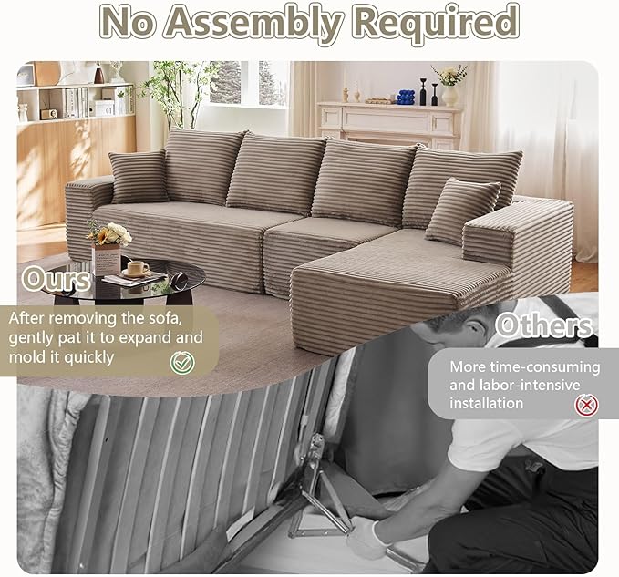 135 Cloud Sectional Couch with L-Shape Chaise Modern Modular Comfy Sofa Chaise Longue Upholstered Corduroy Couches Sleeper with Deep Seat for Living Room Bedroom No Assembly Required Camel